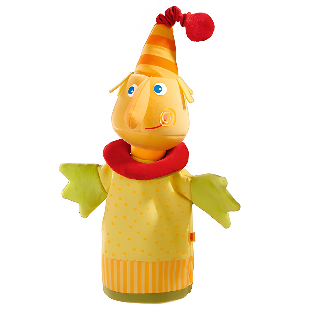 HABA baby hand puppet monster Sam, yellow monster with orange striped party hat and red ruffled collar
