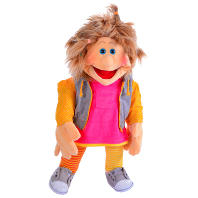 Living Puppets hand puppet Lana with shaggy light brown hair, pink dress, grey hooded vest and orange and yellow striped leggings