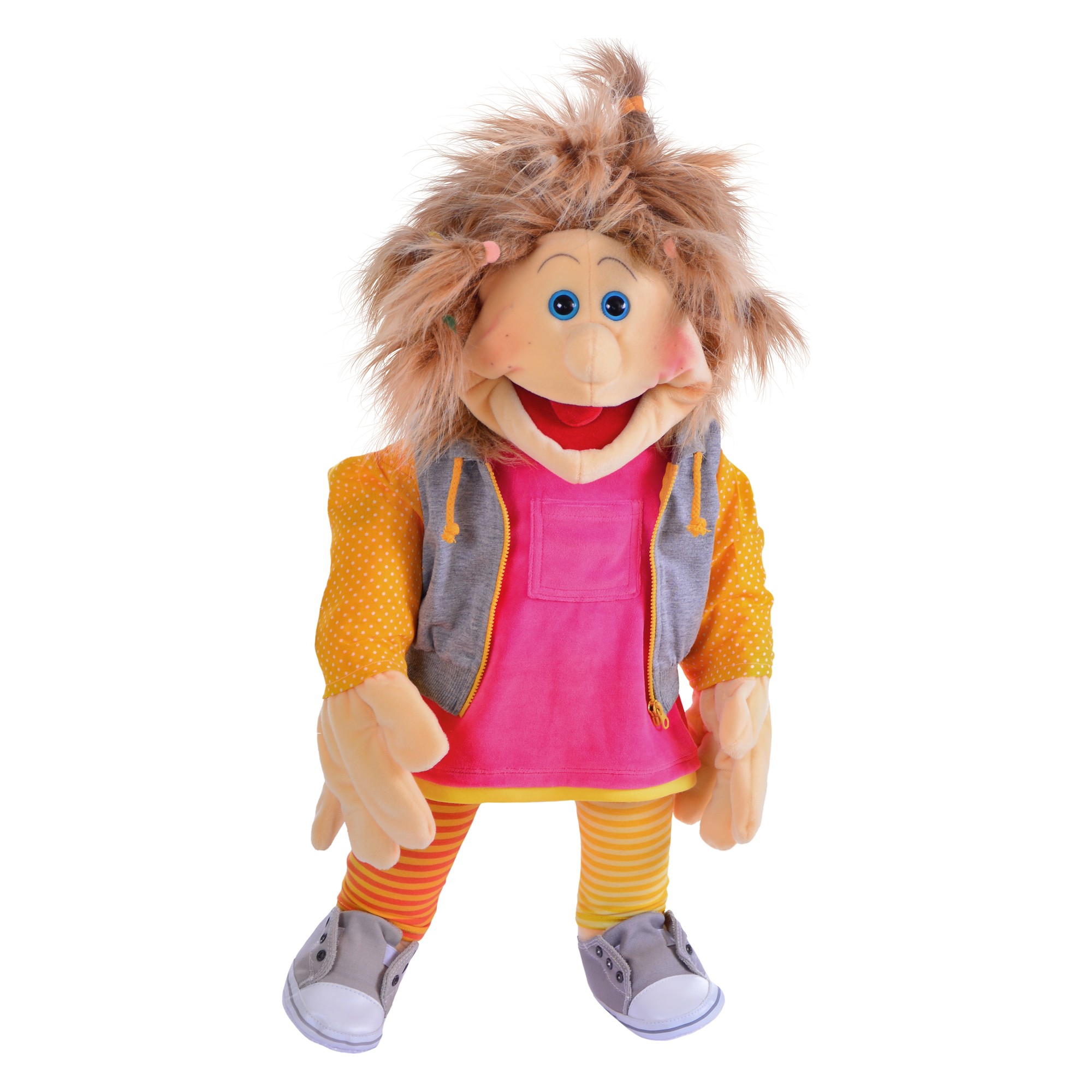 Living Puppets hand puppet Lana with shaggy light brown hair, pink dress, grey hooded vest and orange and yellow striped leggings