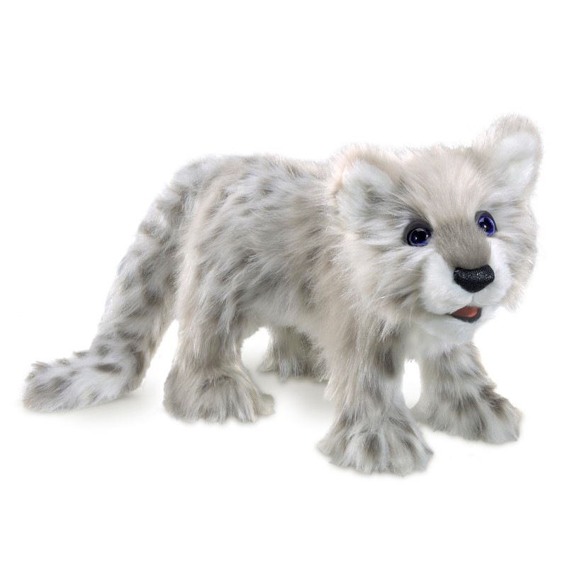Folkmanis baby snow leopard hand puppet in side view, grey-white fur with dark spots and blue glass eyes