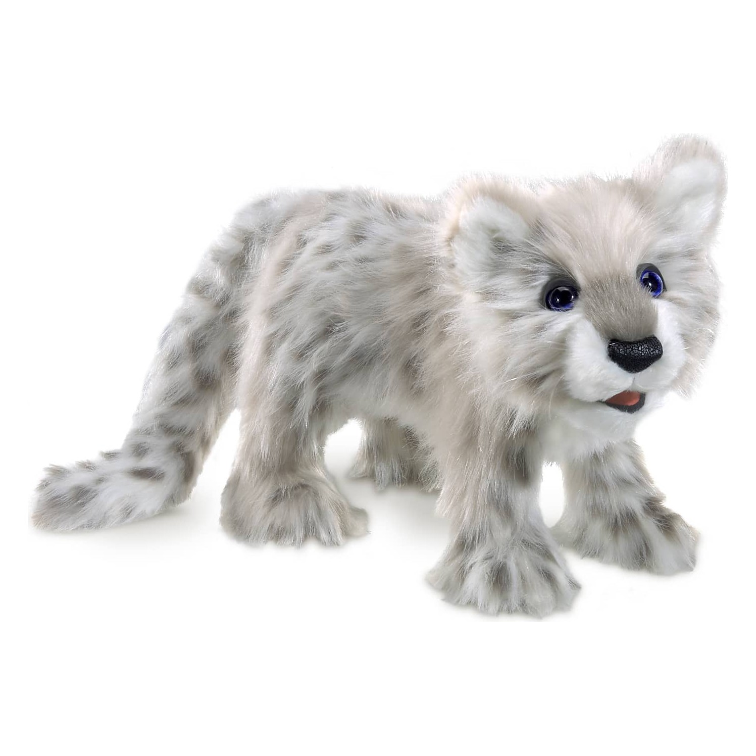 Folkmanis baby snow leopard hand puppet in side view, grey-white fur with dark spots and blue glass eyes