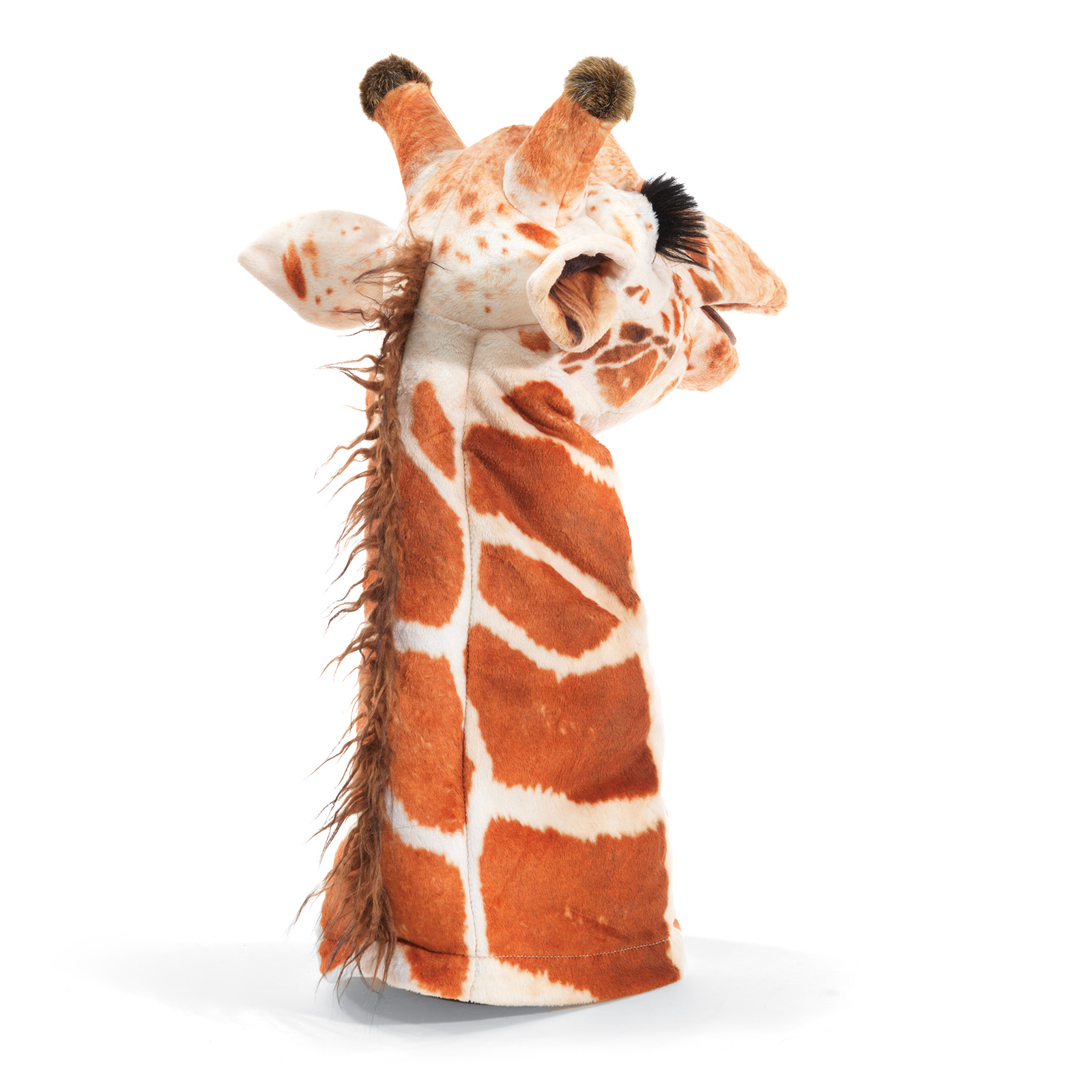 Folkmanis giraffe hand puppet with movable mouth, orange-brown and white spotted pattern and mane, shown at an angle