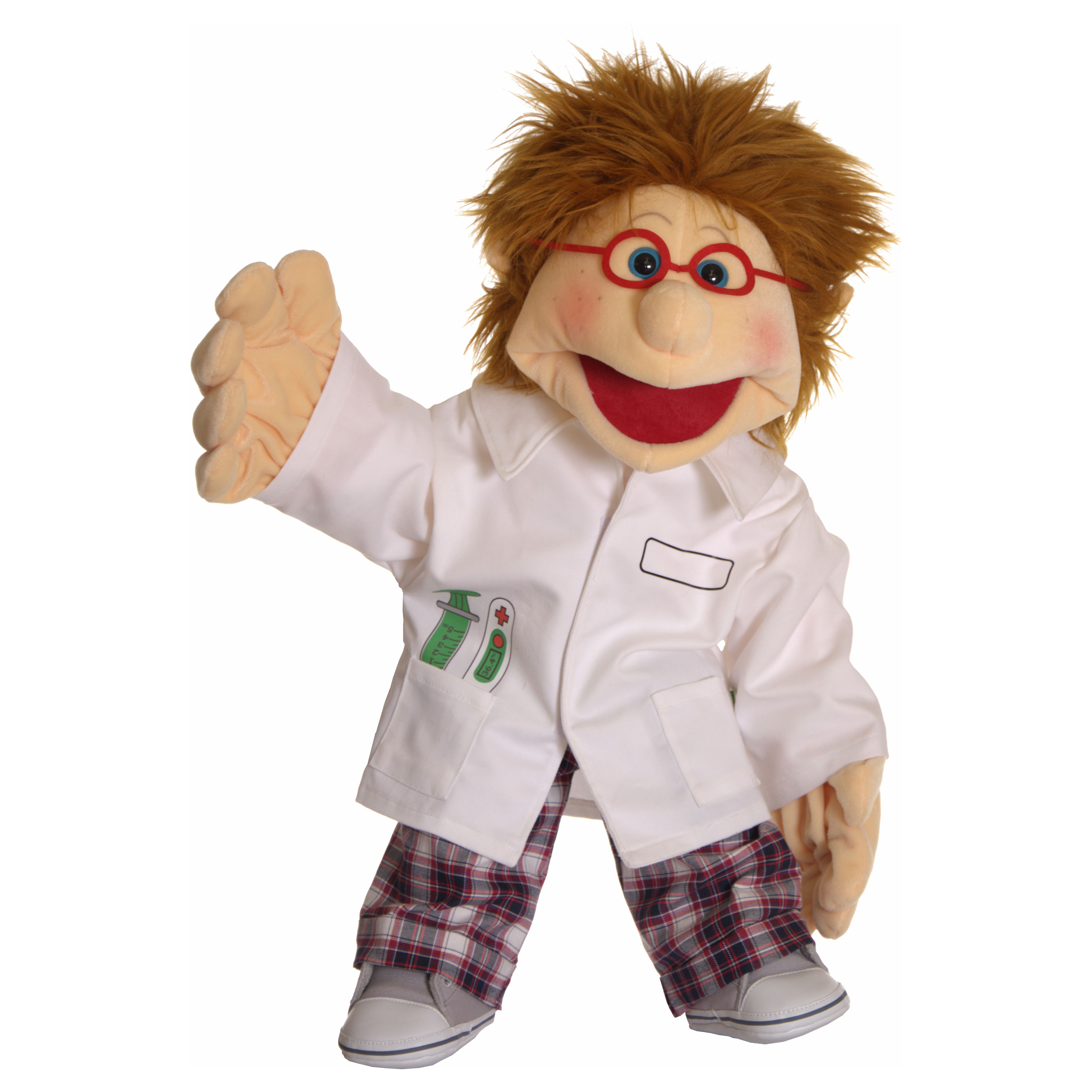 Doctor's coat for Living Puppets hand puppets (65 cm): white coat with chest pockets, shown on a puppet