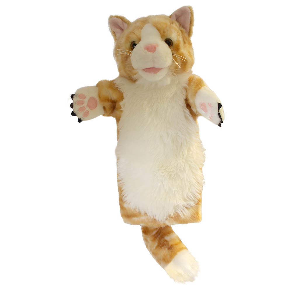 The Puppet Company baby hand puppet kitten, red-brown tabby cat puppet with a white belly