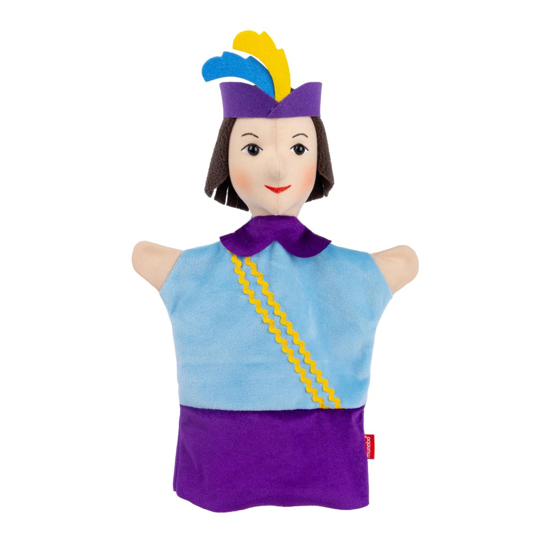 Prince hand puppet by munabo, front view in a light blue top with a purple collar and a gold diagonal braid.