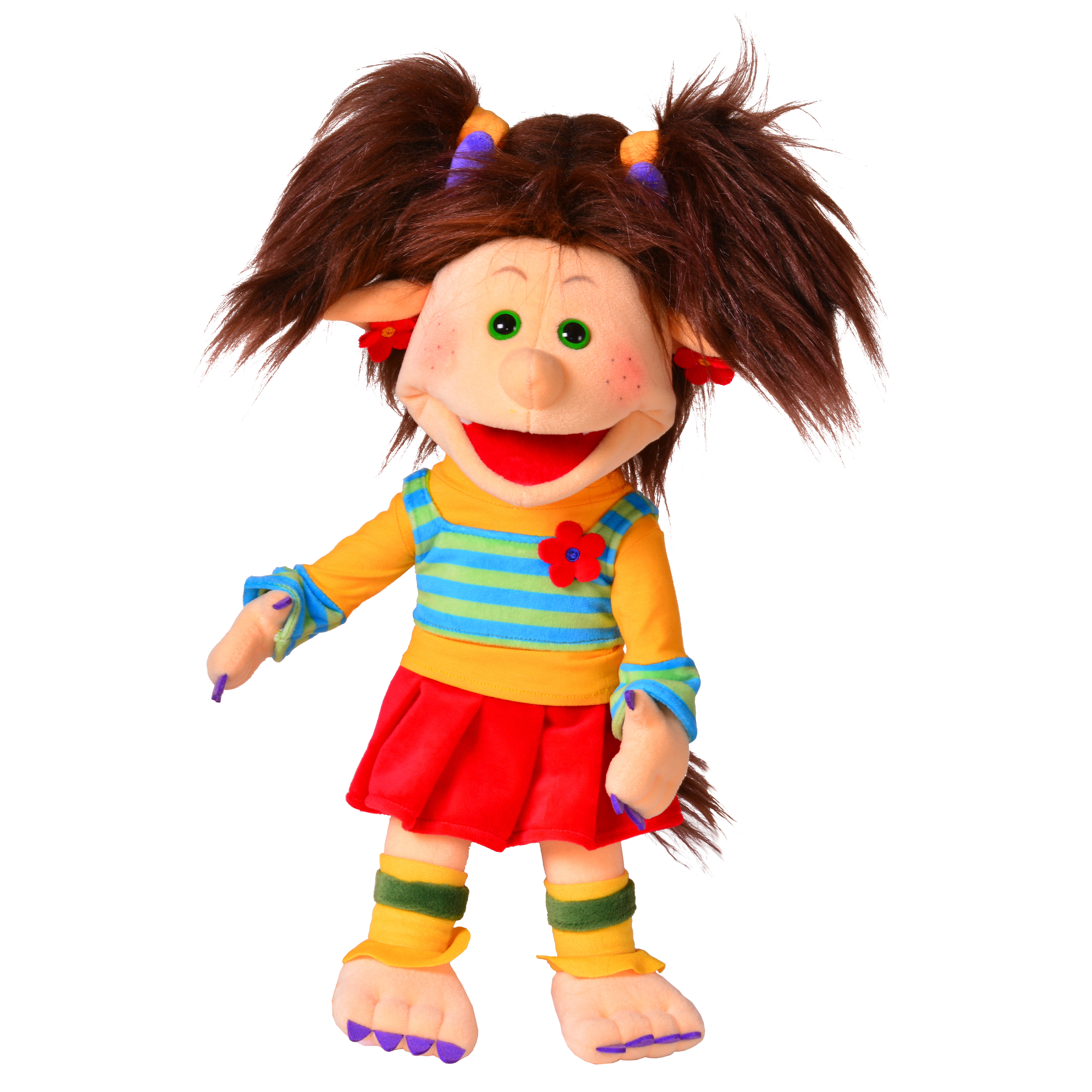 Living Puppets hand puppet Troll Trienchen with brown pigtails, pointed ears, little horns, a striped shirt with a flower and a red skirt