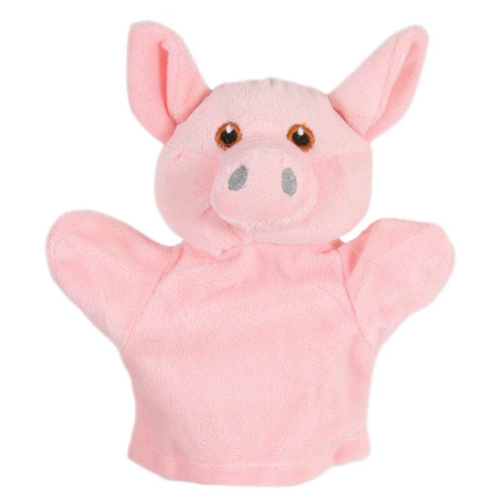 The Puppet Company baby hand puppet pig, pink puppet with a grey snout pattern