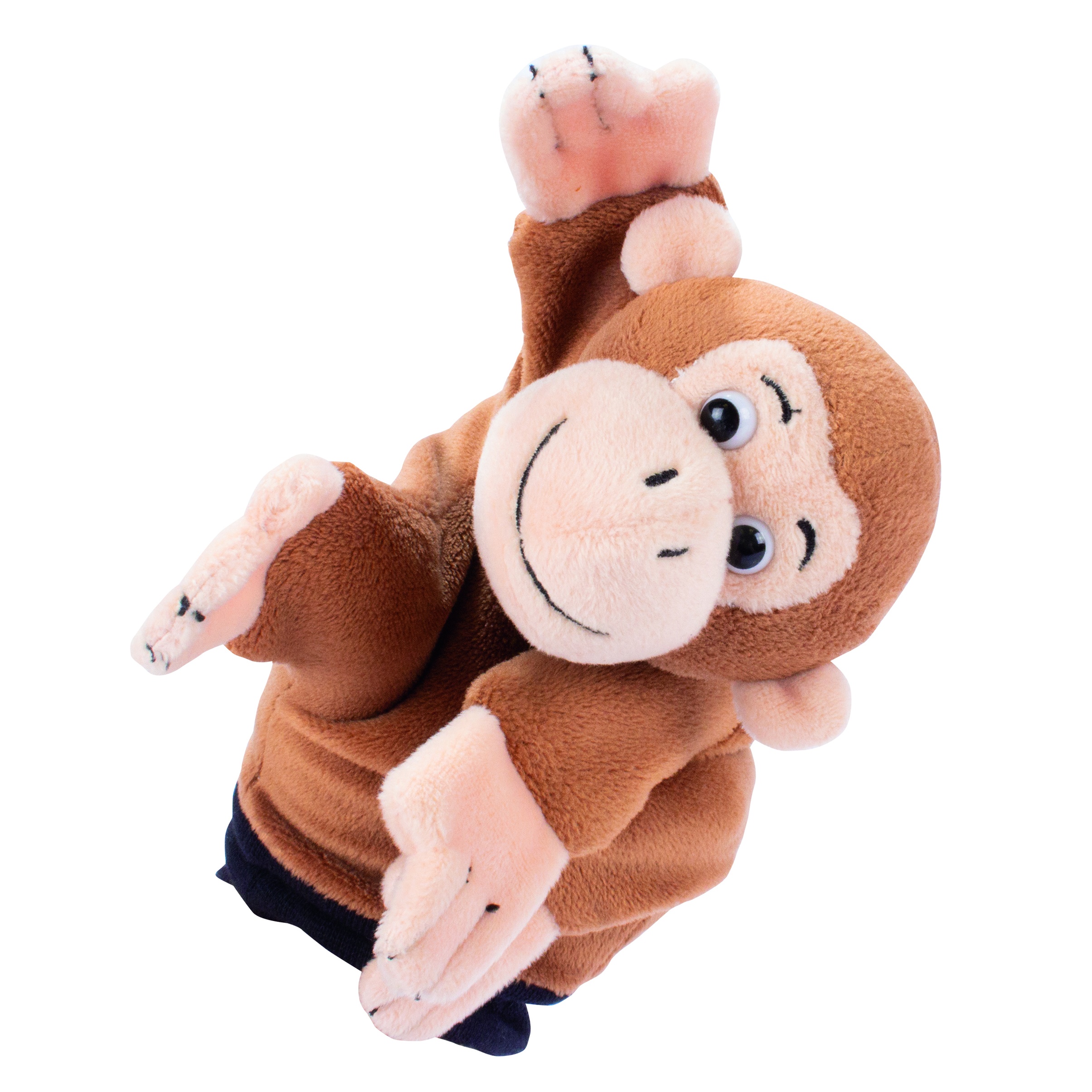Beleduc hand puppet monkey with brown fur and a light-coloured face, one arm raised, side view