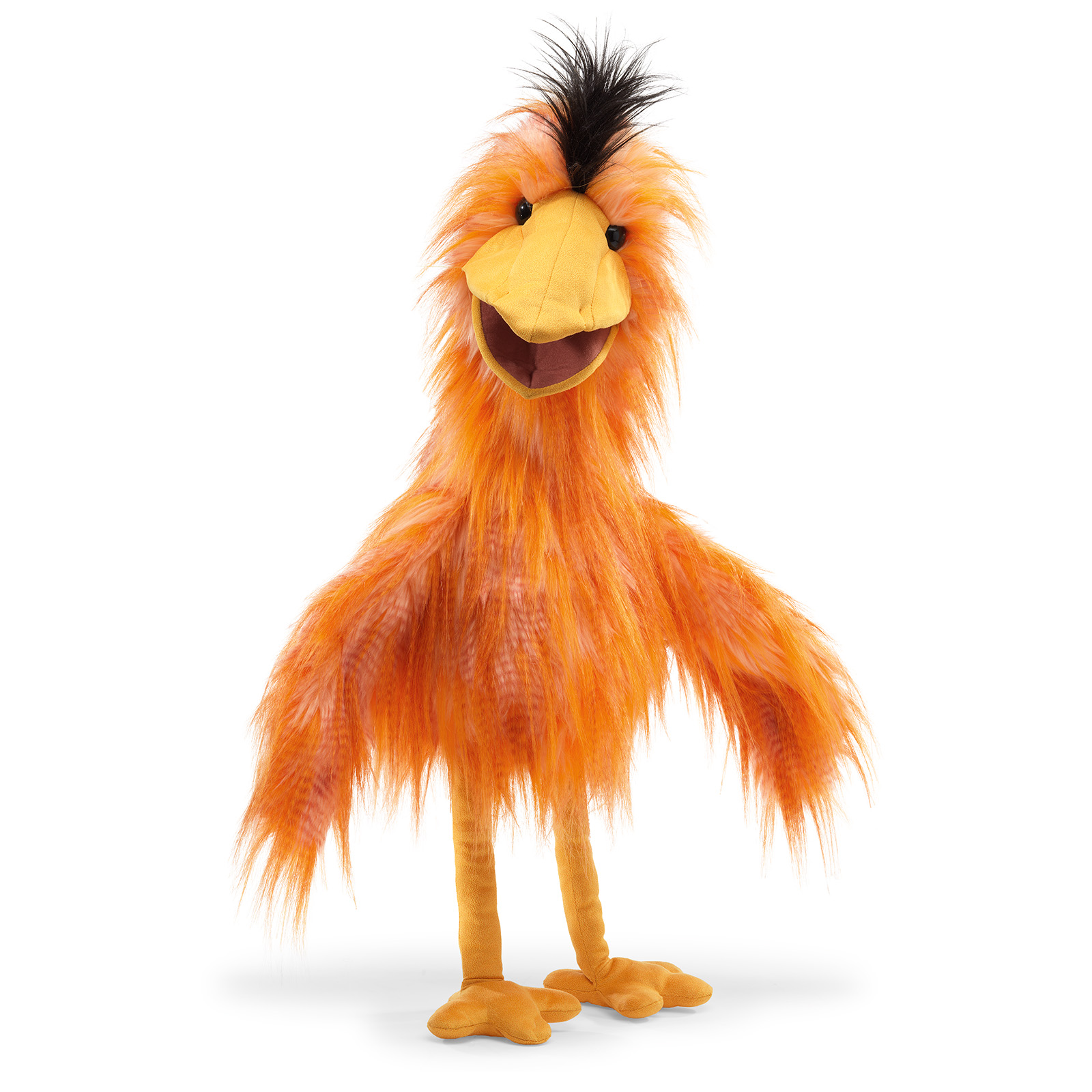 Folkmanis Silly Bird hand puppet with orange shaggy fur, yellow beak and black tuft of hair, front view