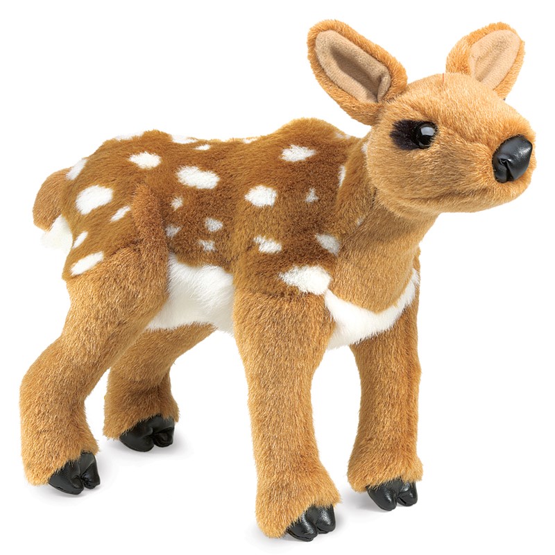 Folkmanis fawn hand puppet in side view, brown plush fur with white spots, black hooves and glossy eyes