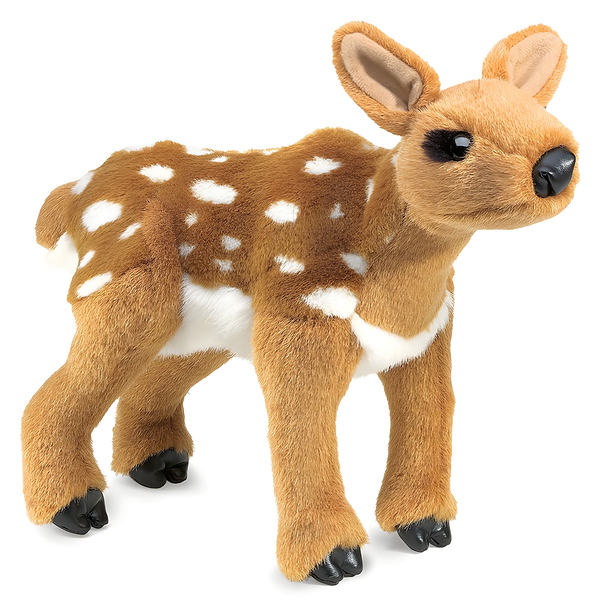 Folkmanis fawn hand puppet in side view, brown plush fur with white spots, black hooves and glossy eyes