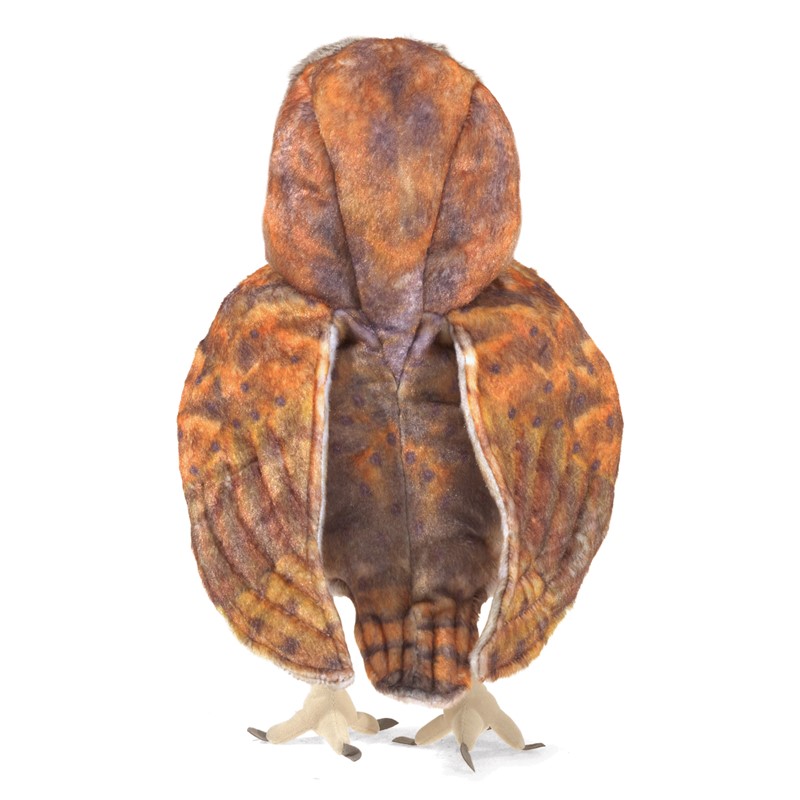 Folkmanis barn owl hand puppet seen from behind, with reddish-brown spotted plush plumage, open hand puppet entry, and light-coloured taloned feet