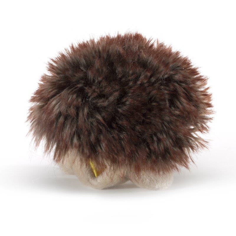 Folkmanis mini hedgehog finger puppet seen from behind, in a compact curled-up pose with brown-black spiky plush and a light-coloured belly