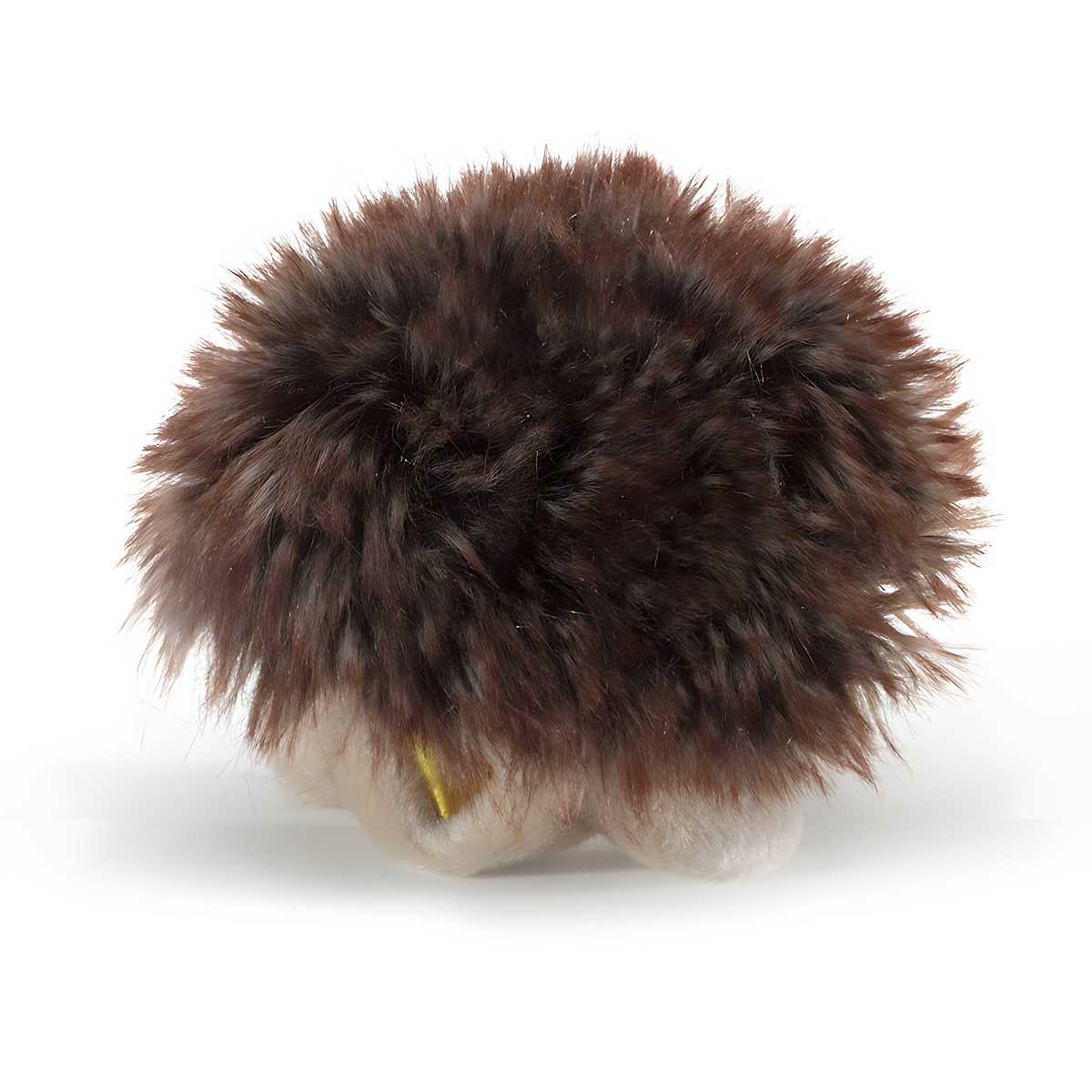 Folkmanis mini hedgehog finger puppet seen from behind, in a compact curled-up pose with brown-black spiky plush and a light-coloured belly