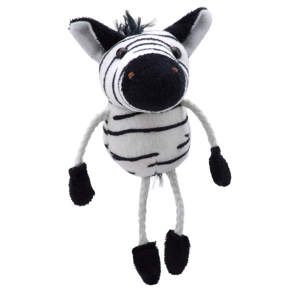 The Puppet Company finger puppet zebra, black and white striped zebra with long fabric legs and black hooves