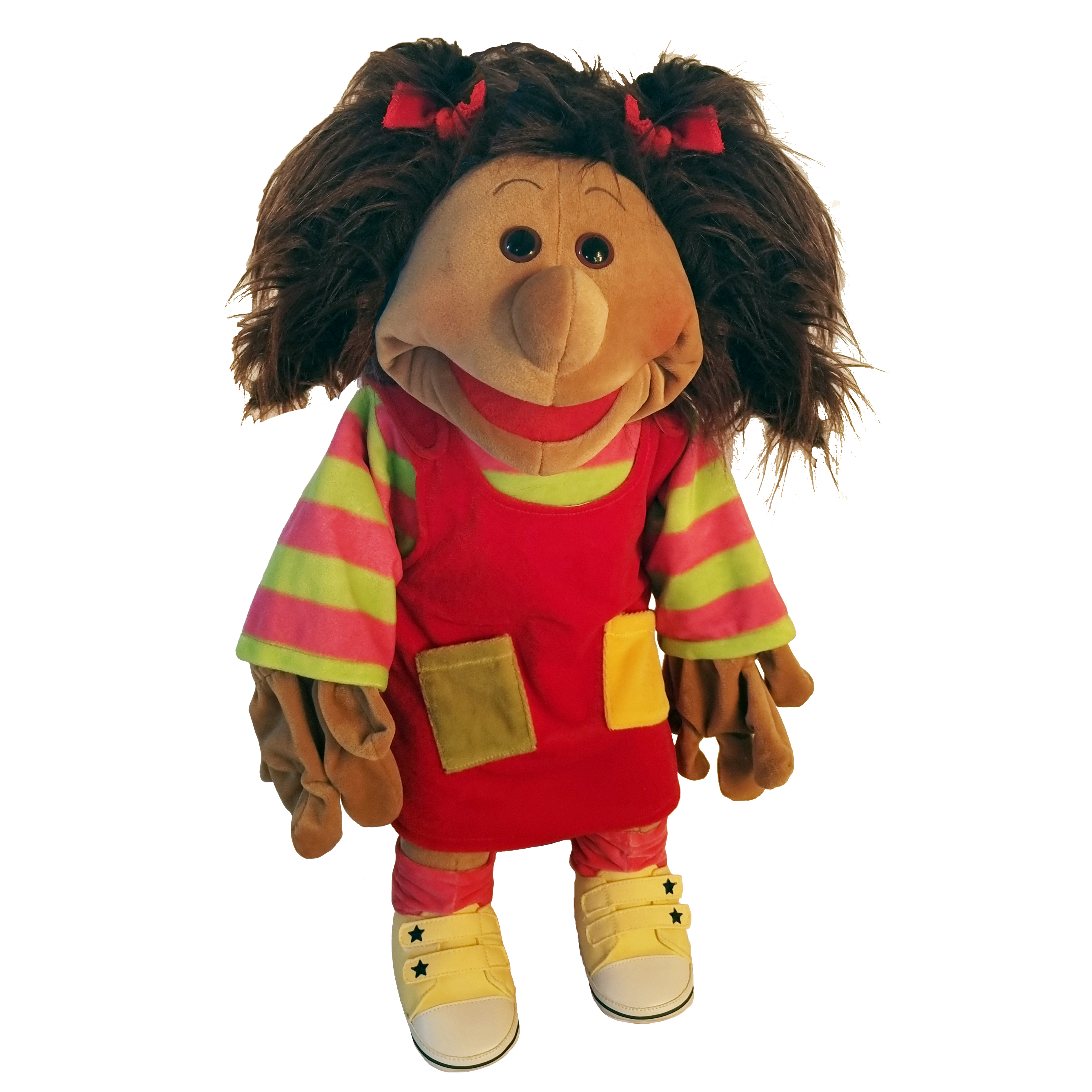 Living Puppets hand puppet Mathilda with brown pigtails and red bows, red dress with colourful pockets and yellow trainers