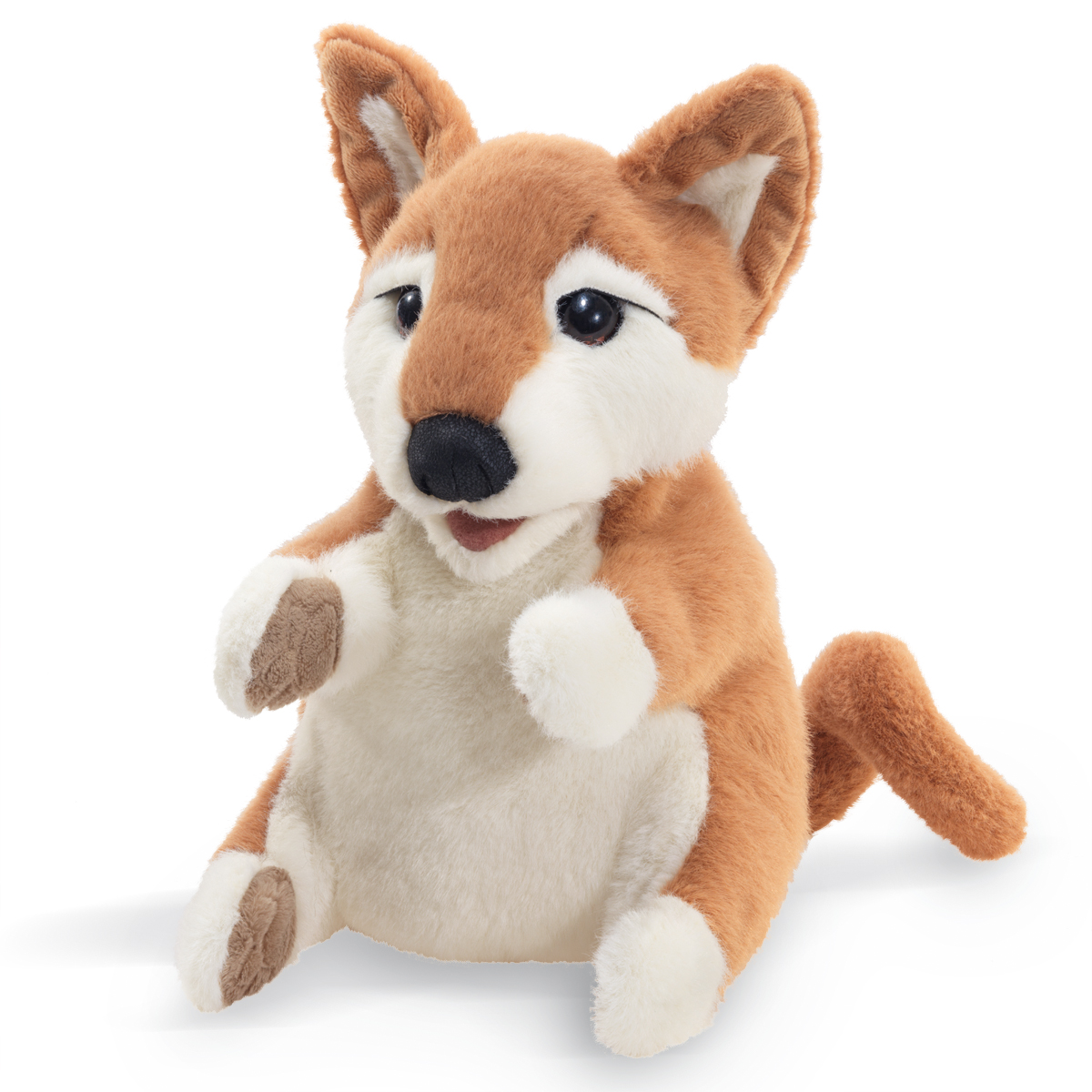 Folkmanis Shiba Inu hand puppet in red-brown plush with white chest, movable mouth and raised paw, angled view