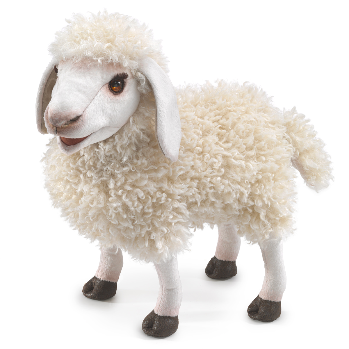 Folkmanis Woolly Sheep hand puppet with curly cream fur, movable mouth and dark hooves, shown at an angle
