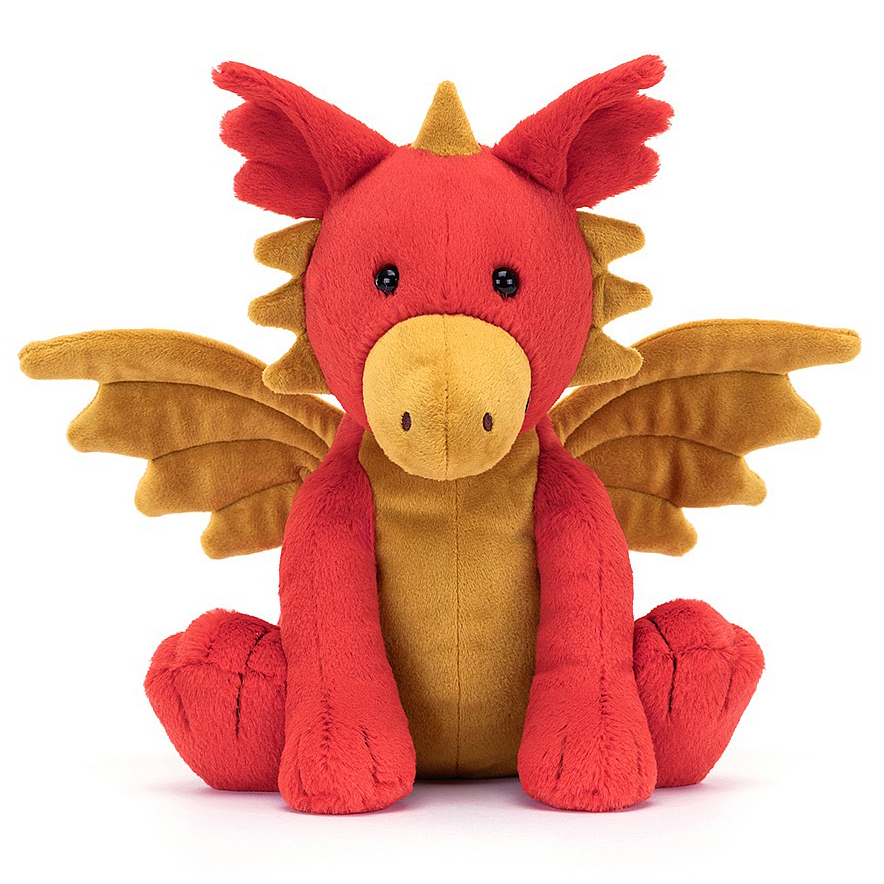Jellycat plush toy dragon Darvin, red plush toy with golden wings and horns, sitting, straight-on front view