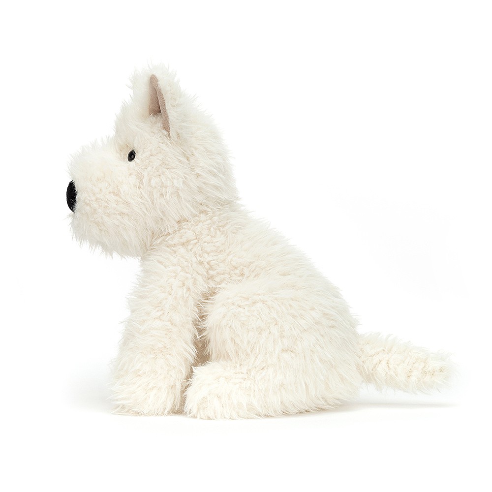 Jellycat plush toy Scottish Terrier Munro Scottie Dog, cream-coloured shaggy plush toy, sitting, side view