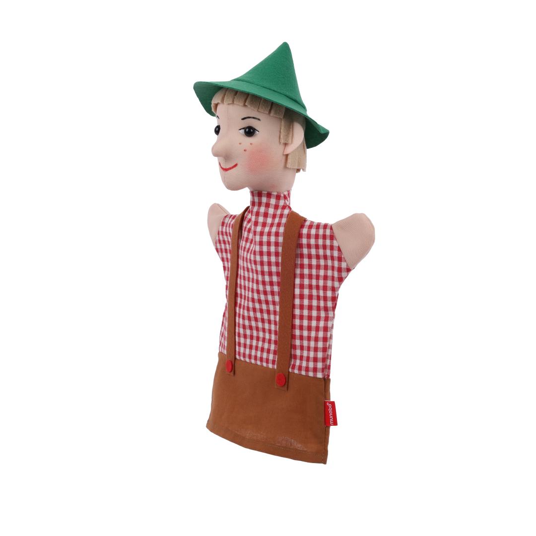 Seppel hand puppet by munabo, turned to the side showing the braces over the check shirt.