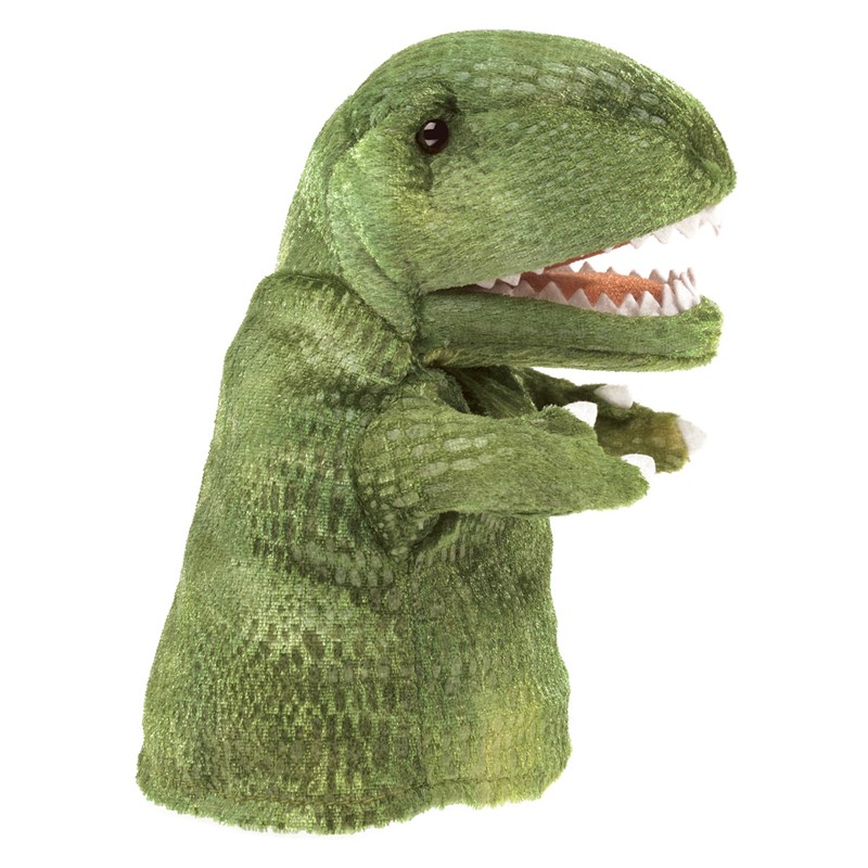 Folkmanis hand puppet small T-Rex in green with open mouth and visible teeth, side view