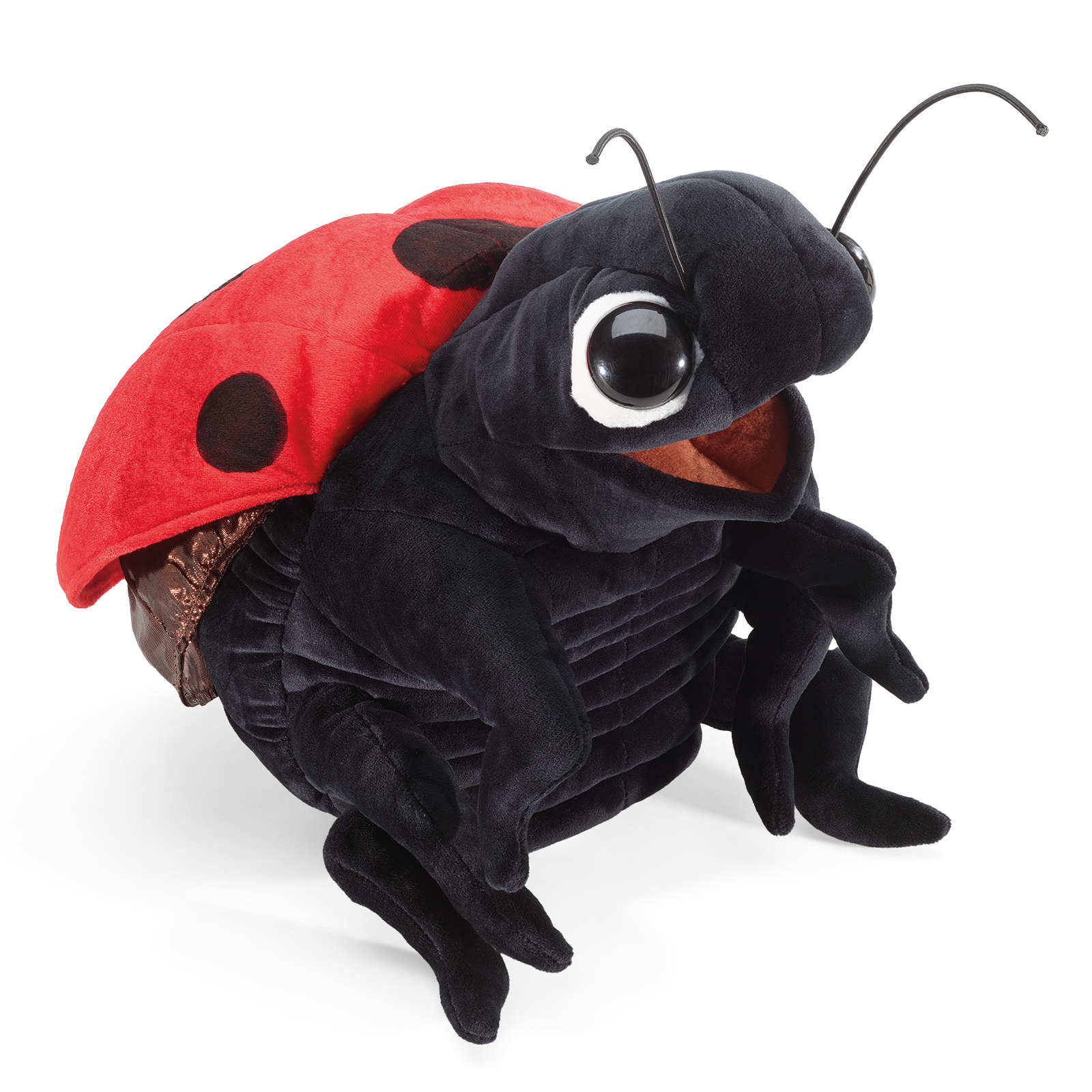 Folkmanis ladybird hand puppet, sitting in a front view with red black-spotted wing cases and its mandibles open.