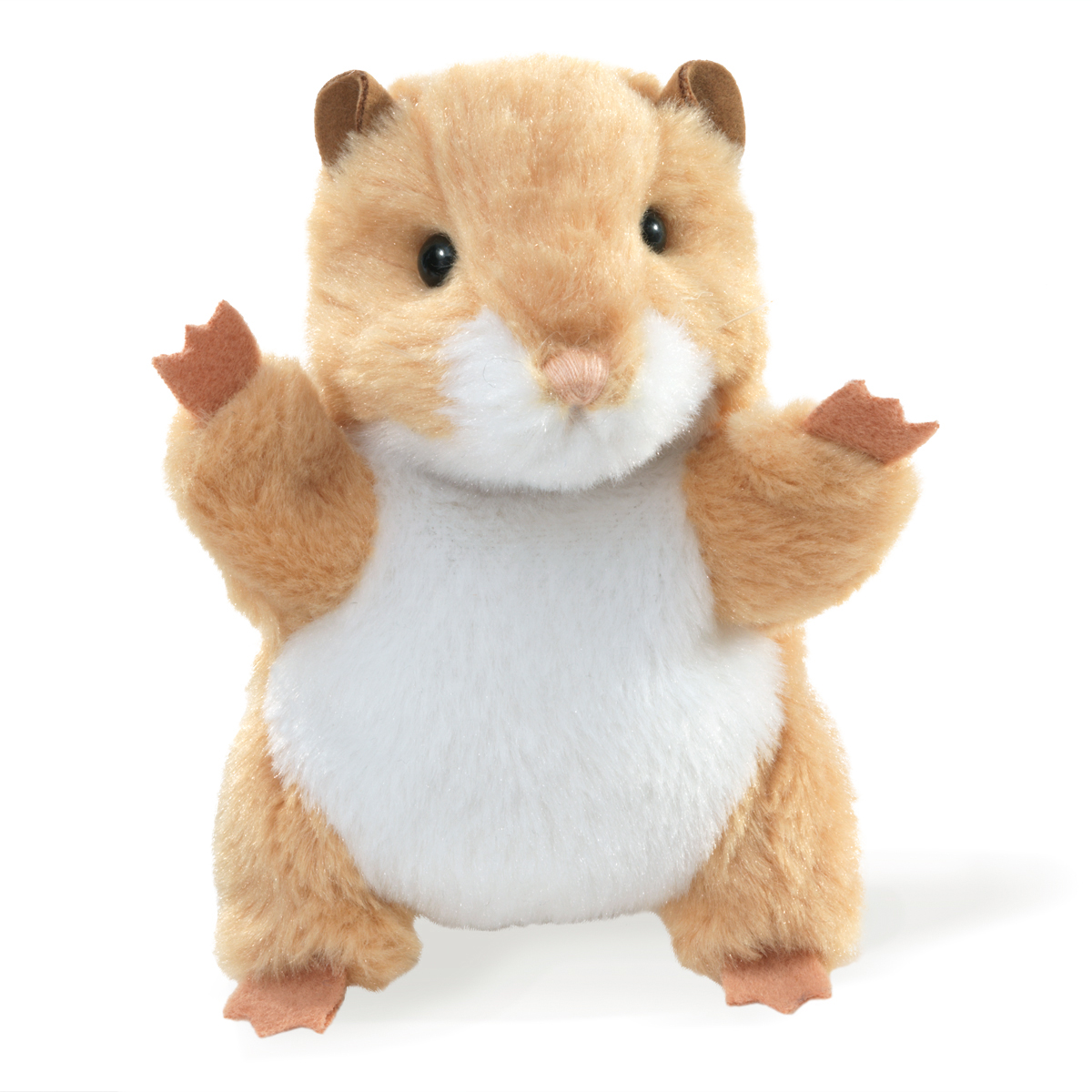 Folkmanis finger puppet mini hamster in golden brown with a white belly, arms outstretched, front view