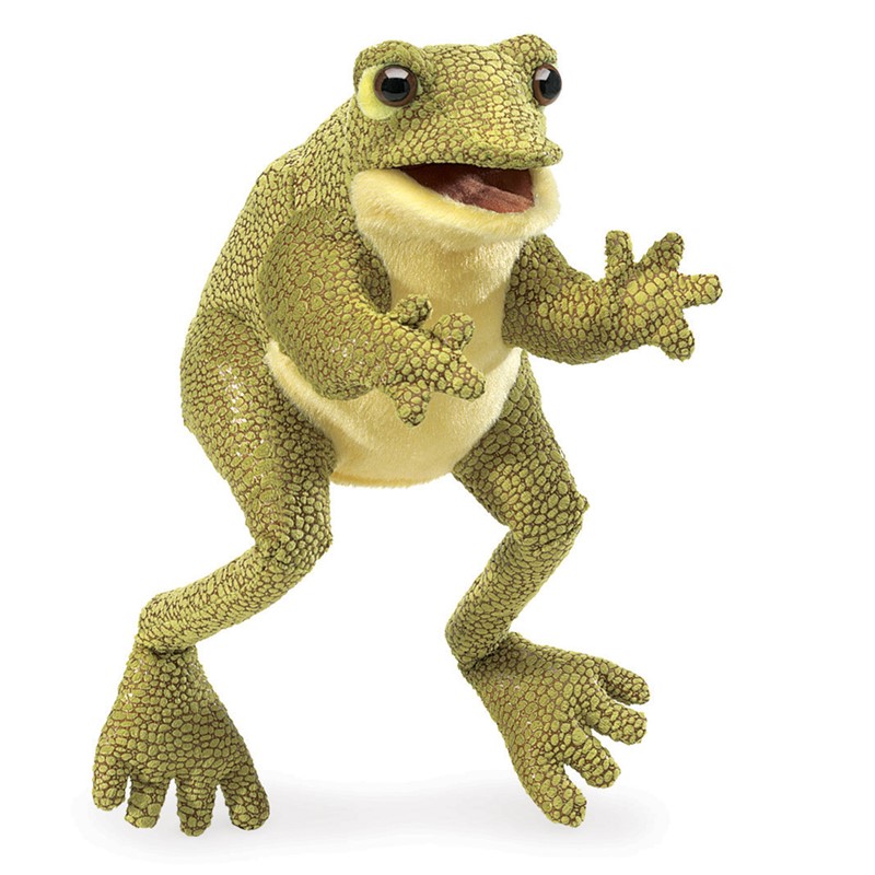 Folkmanis Funny Frog hand puppet in green with textured scale detail, open mouth and outstretched paw