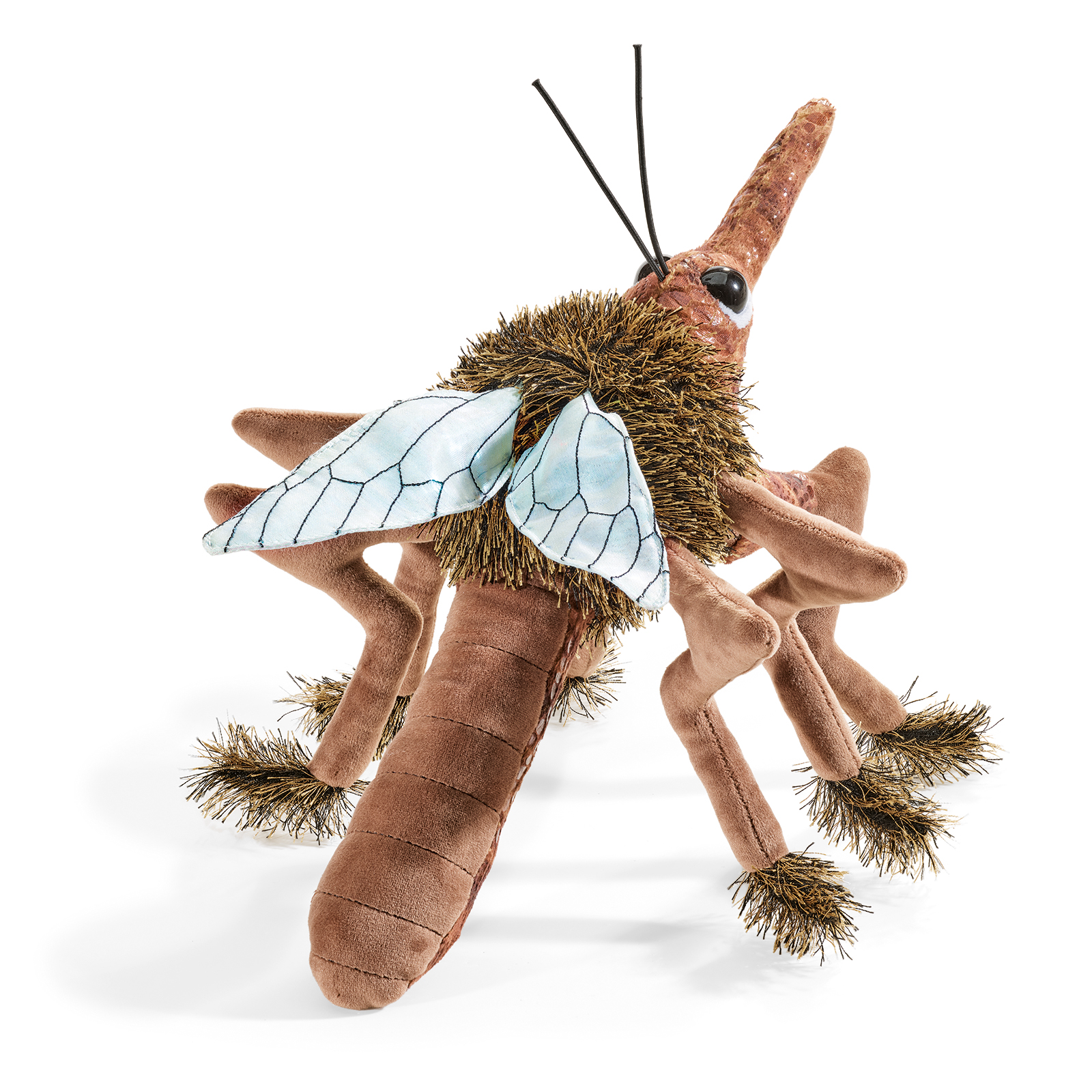 Folkmanis mosquito hand puppet in brown with transparent wings, golden bristles on legs and body, and black antennae, shown at an angle