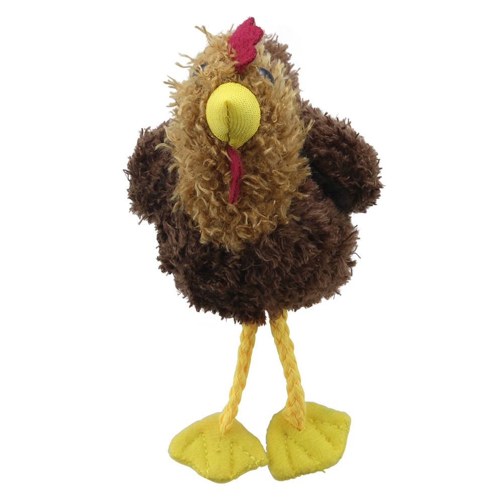 The Puppet Company finger puppet hen, brown and beige shaggy finger puppet, side view