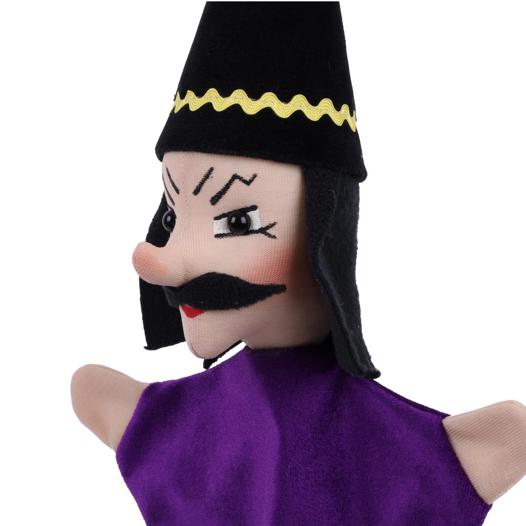 Evil Wizard hand puppet by munabo, close-up of the face with slanted eyebrows and a black moustache.