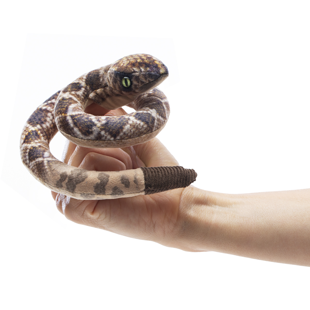 Folkmanis mini rattlesnake finger puppet with brown diamond pattern, green eye and fabric rattle, wrapped around a hand