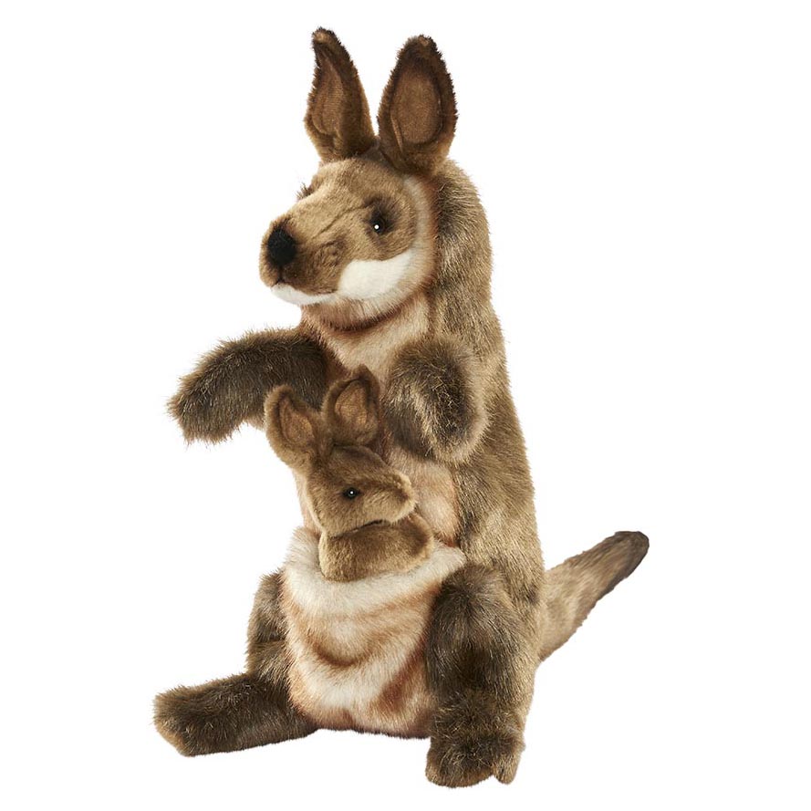 Kangaroo hand puppet by Hansa Creation with grey-brown fur and a joey in its pouch