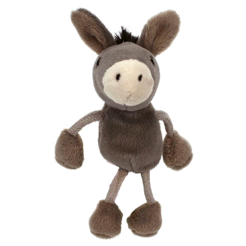 The Puppet Company finger puppet donkey, grey donkey with long fabric legs, front view