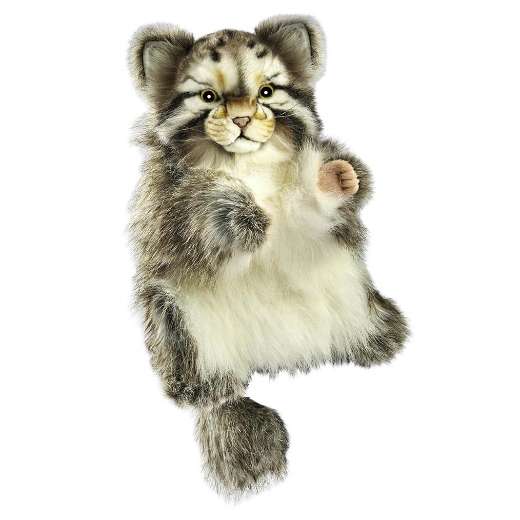 Pallas's cat hand puppet by Hansa Creation with dense fluffy grey striped fur