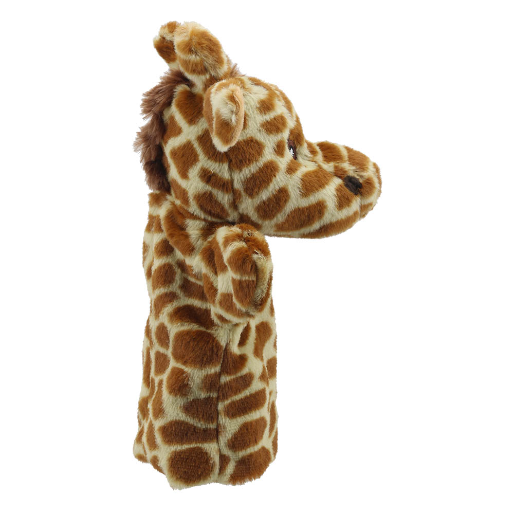 The Puppet Company baby hand puppet giraffe, profile view with a raised head and small horns