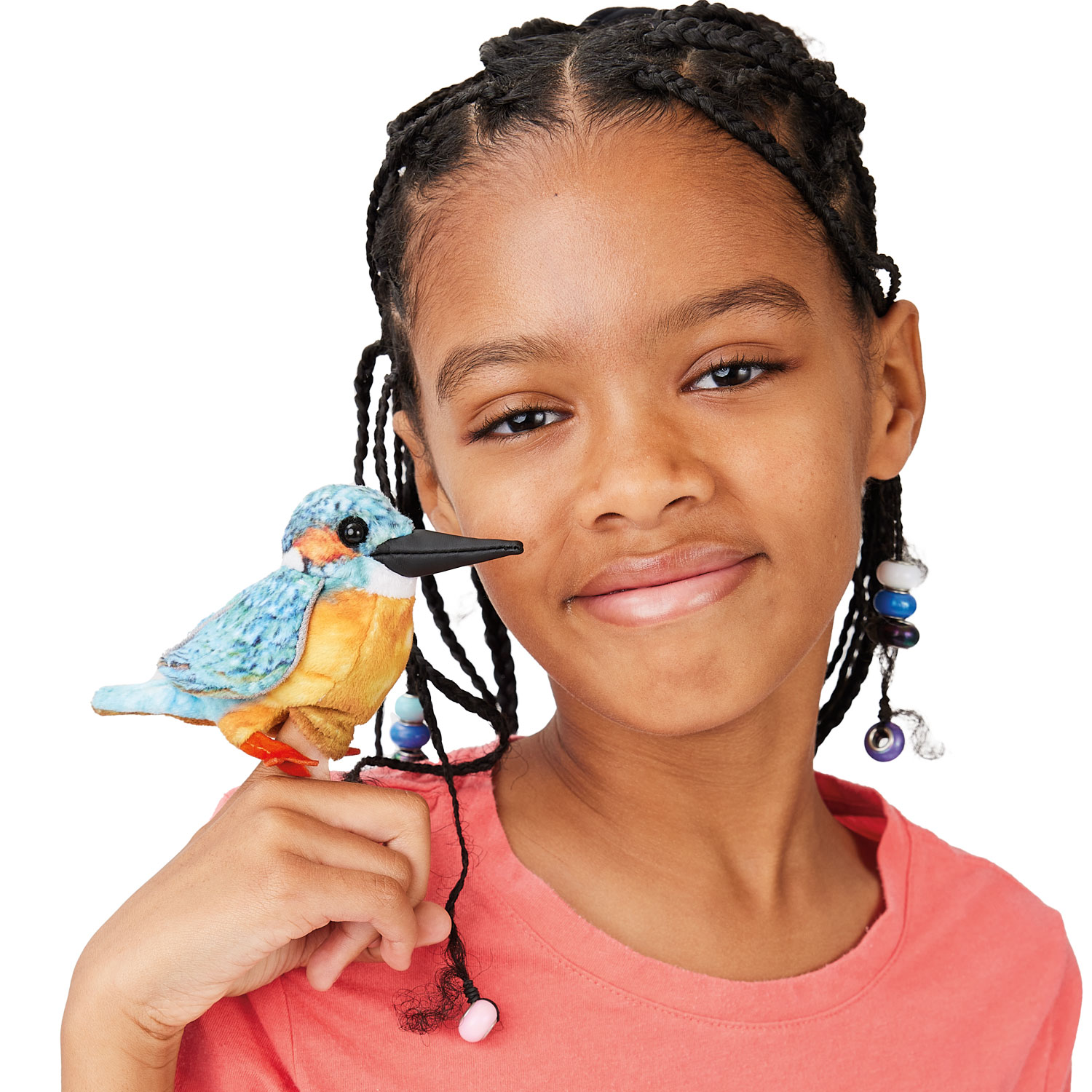 Girl holding a Folkmanis mini common kingfisher finger puppet with blue plumage, orange belly and black beak on her finger