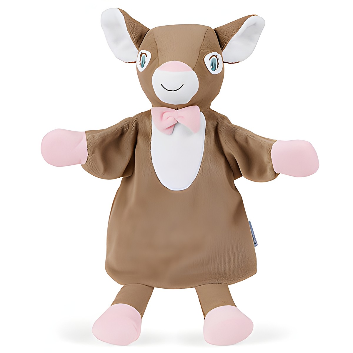 Sterntaler baby hand puppet fawn, brown fur with a white chest, pink paws and a pink bow at the neck