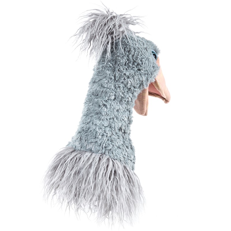 Folkmanis Shoebill hand puppet in side view: grey-blue plush plumage, long neck, open pink beak
