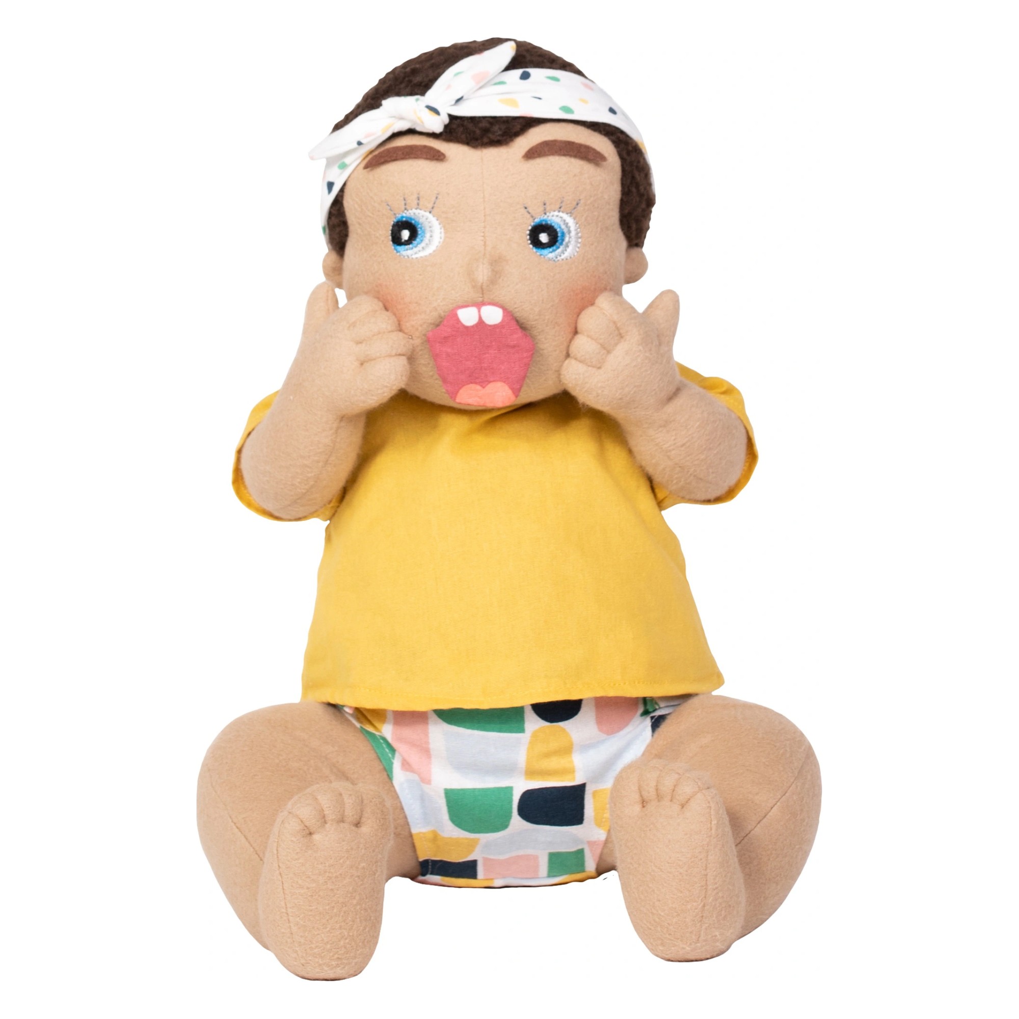 Rubens Barn doll with attached astonished mouth from the facial expressions set, hands at the cheeks