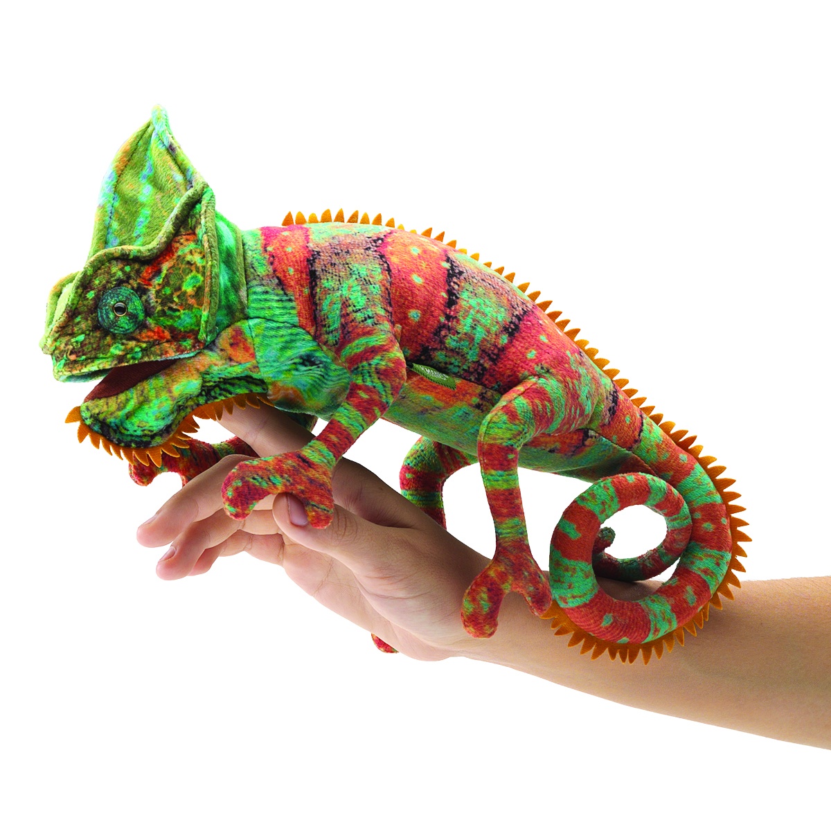 Folkmanis small chameleon hand puppet in green and red on a hand, with a curled tail and orange dorsal crest