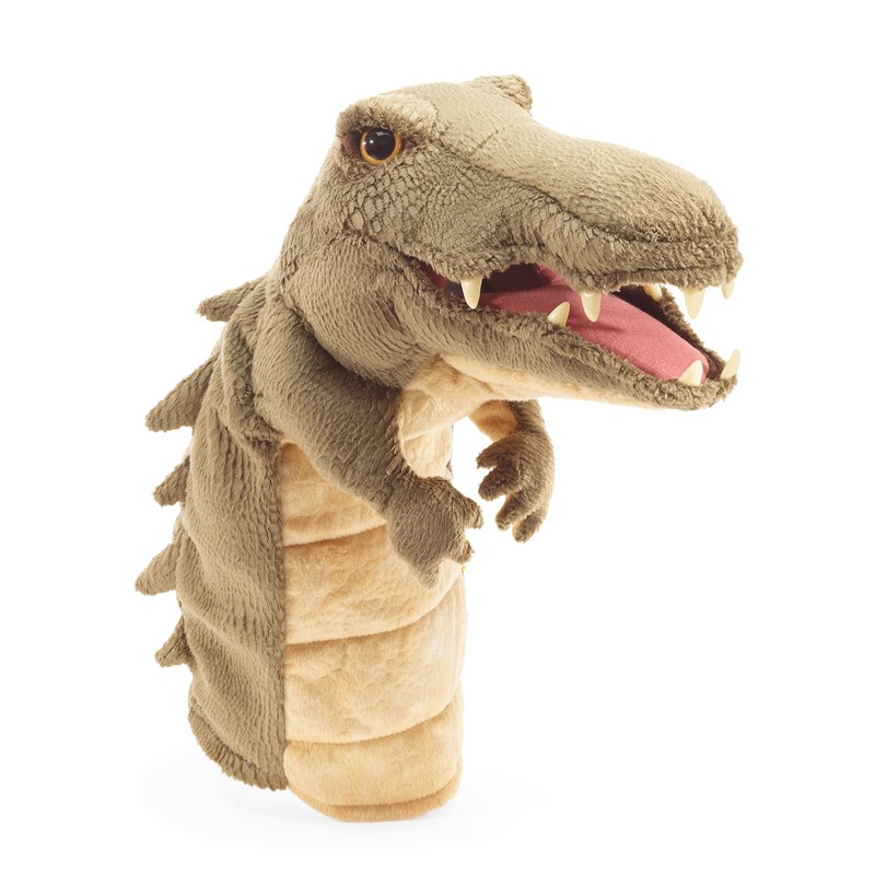 Folkmanis crocodile hand puppet in olive green with open mouth, visible teeth and textured scale surface, side view
