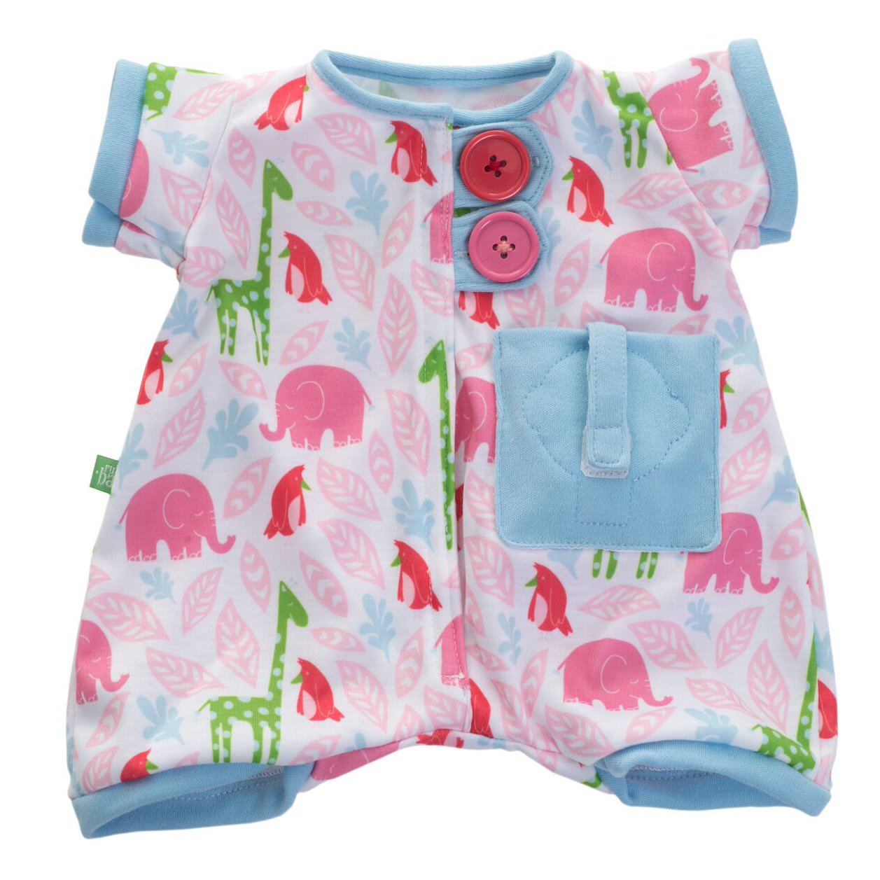 Pocket Friends pyjamas in pink by Rubens Barn with elephant pattern and blue chest pocket