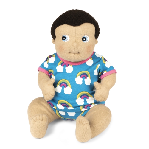 Rubens Barn baby doll Morra in the Maxomorra outfit with rainbow pattern, sitting