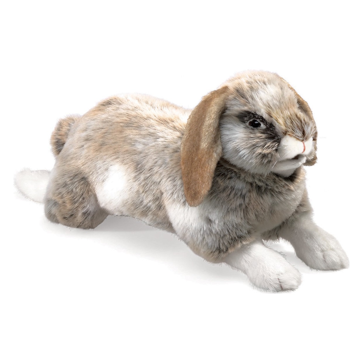 Folkmanis Holland Lop rabbit hand puppet in grey-brown with white accents, lying down in side view