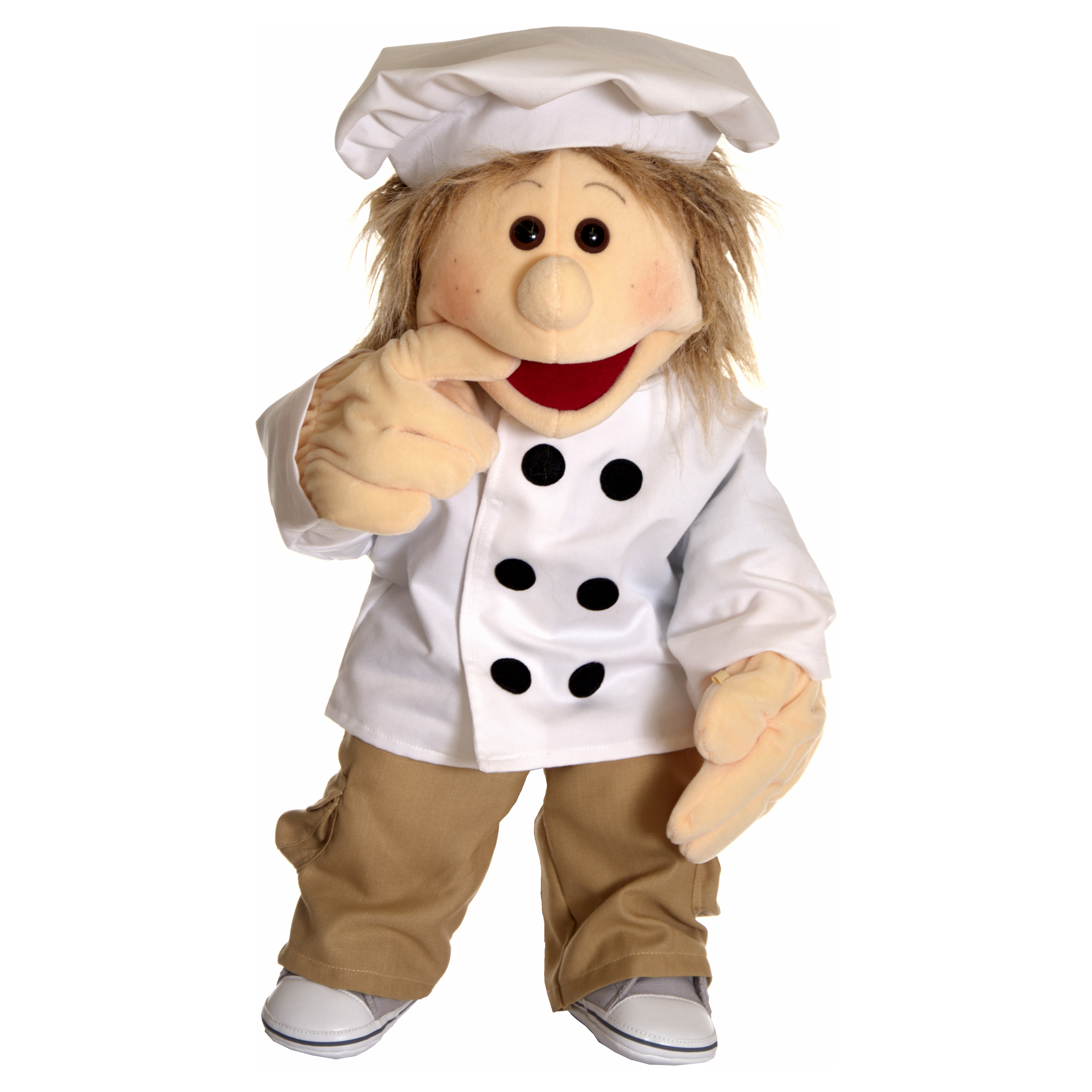 Living Puppets chef clothing set for 65 cm hand puppets, white chef's jacket and hat, worn by a hand puppet