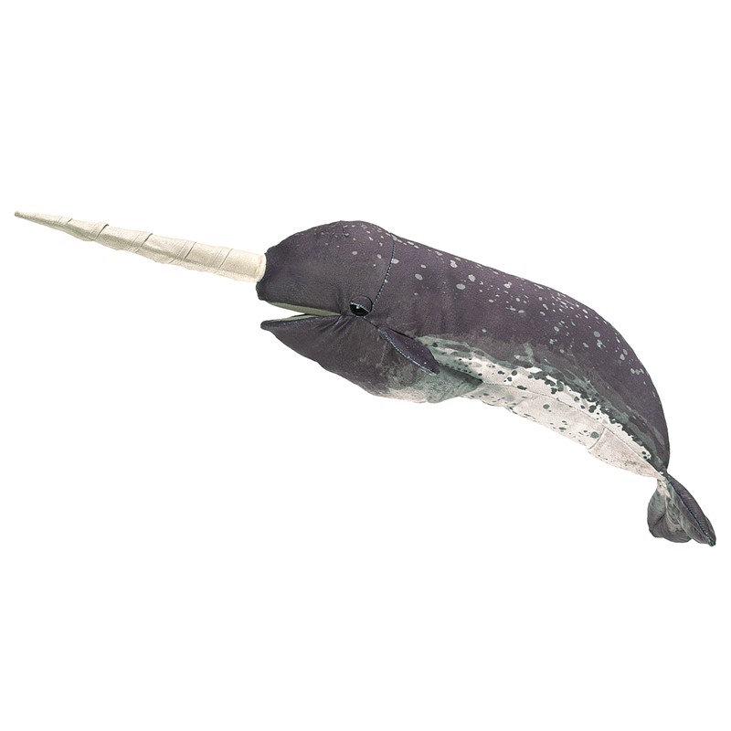 Folkmanis narwhal hand puppet shown from the side, dark grey spotted with a long twisted horn and movable mouth
