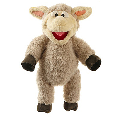 Living Puppets hand puppet Wolle the sheep from Sesame Street with light grey curly fur, pink ears and an open mouth, standing