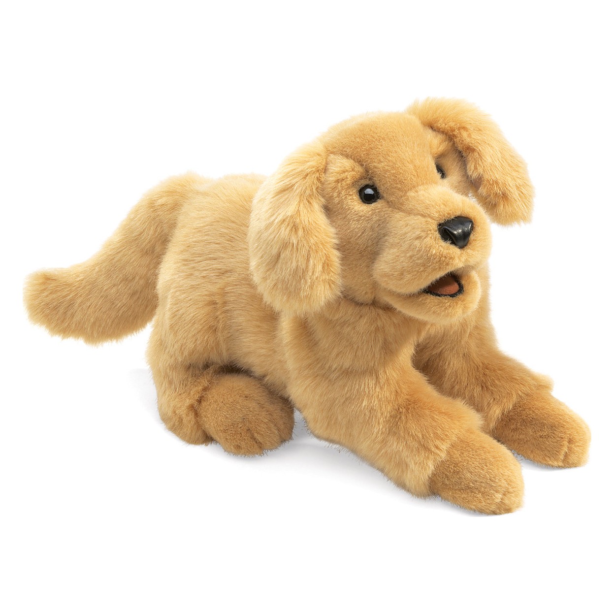 Folkmanis Golden Retriever puppy hand puppet in golden beige, lying down with open mouth, angled view